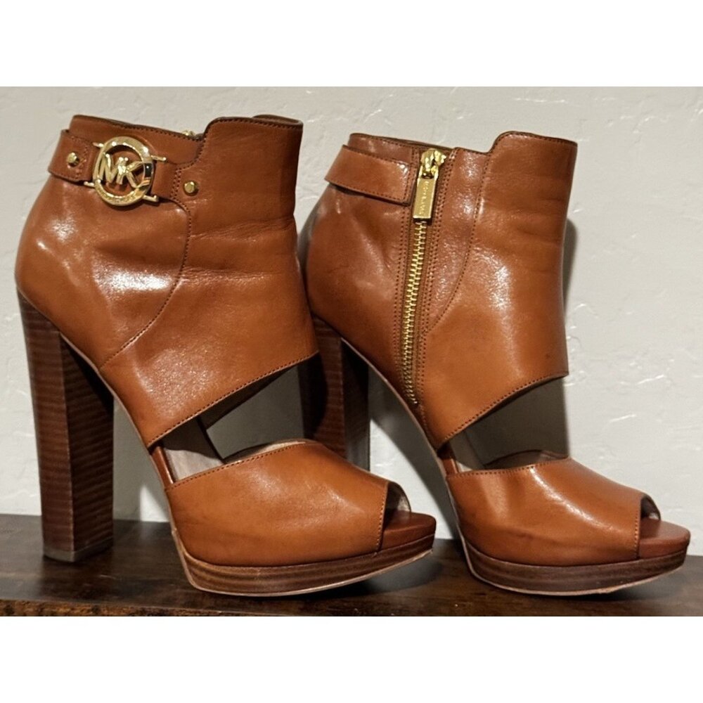 MICHAEL Michael Kors Wyatt Leather Open Toe Platform Ankle Booties Brown Size 8M